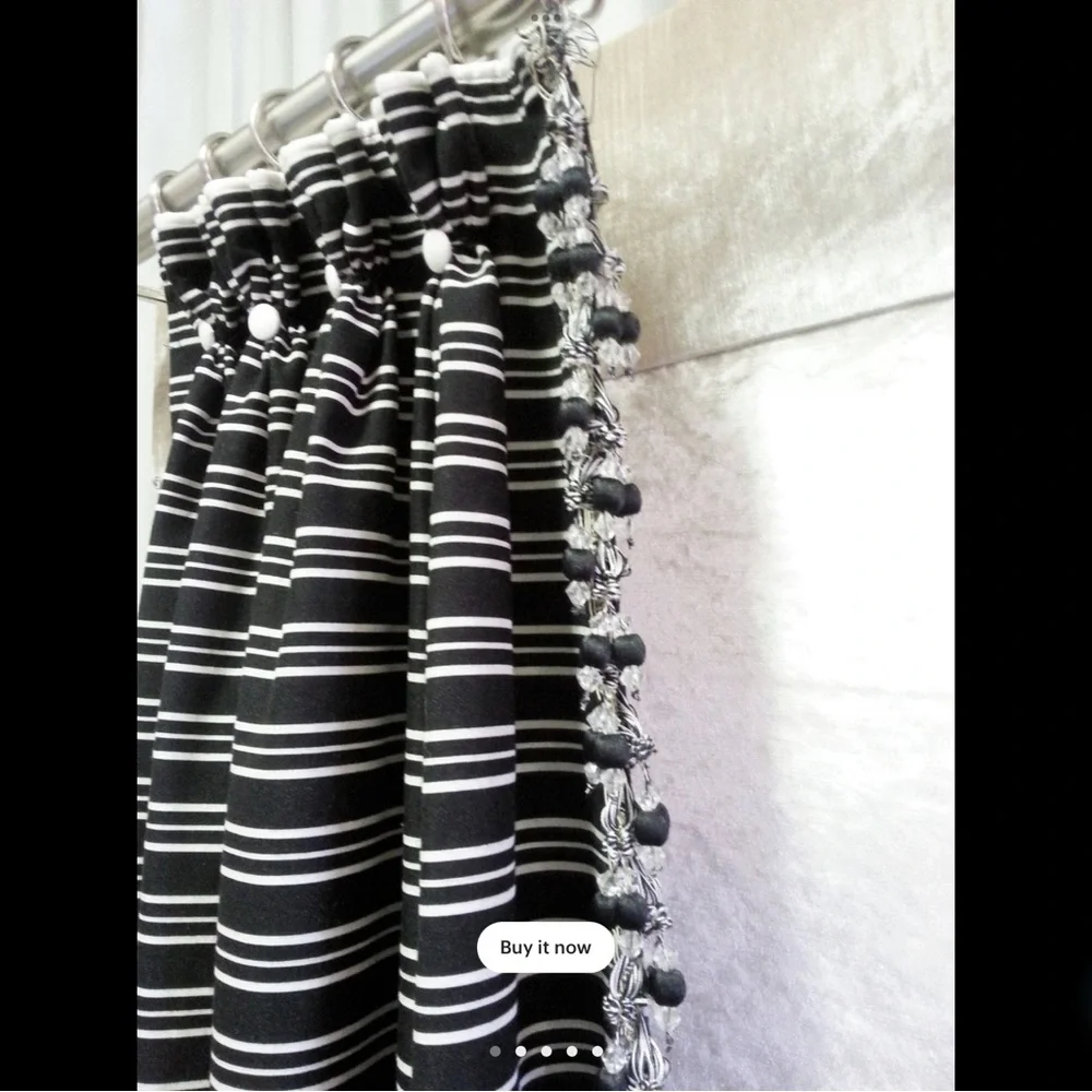 Curtain panel. Fancy tassel trim  @ leading edge. Buttons at each pleat. New